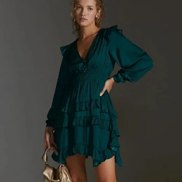 anthropologie green ruffle dress Anthropologie Odetta V Neck Ruffled Dress Size Petite M Green Floral NWT